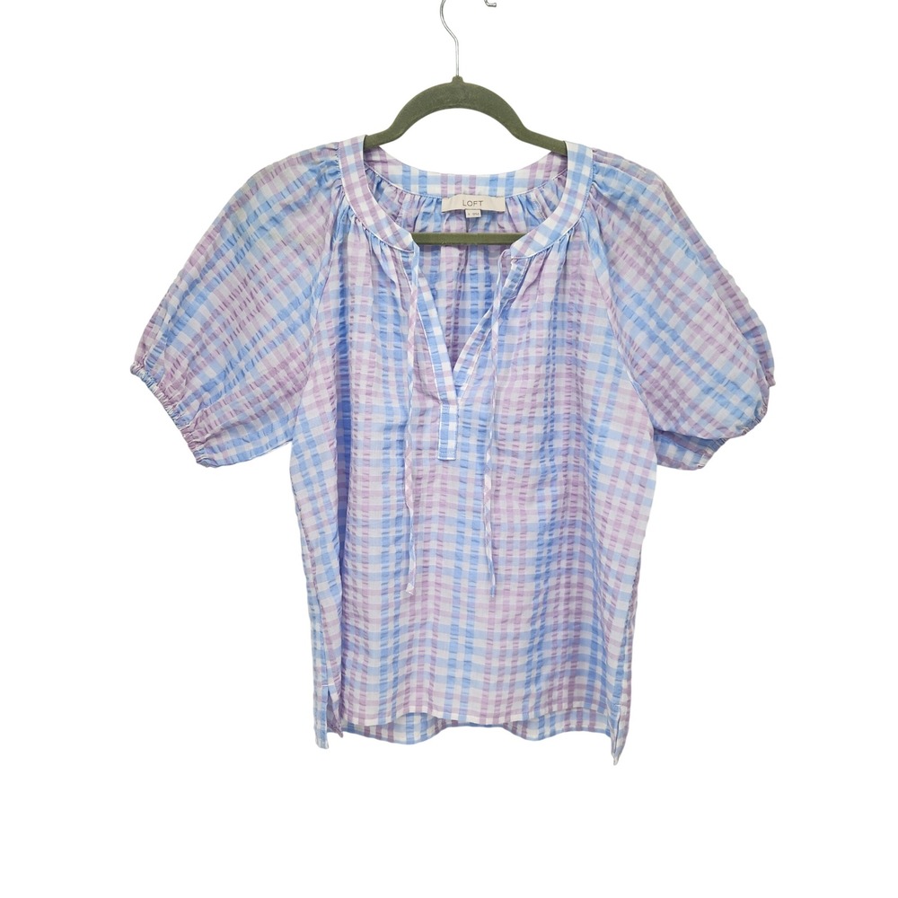LOFT Womens Seersucker Gingham Puff Sleeve Blouse Blue Lavender V-Neck Tie S